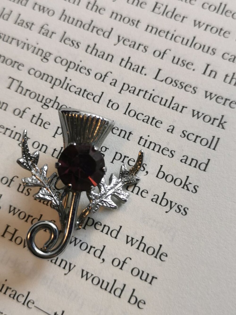 Vintage Scottish Thistle Pin Brooch Celtic Curly Purple Gem Silvertone Leaves